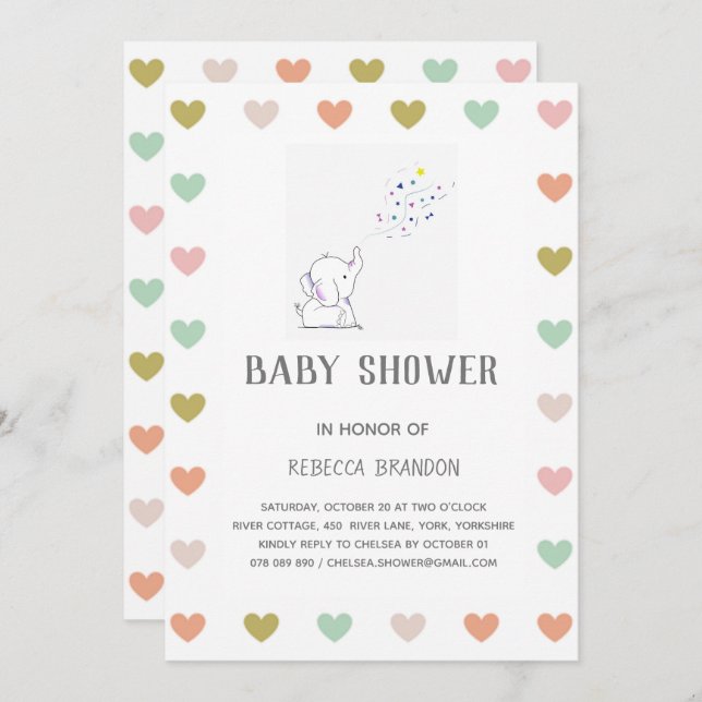 Cute Elephant Hearts Mood Baby Shower Invitation (Front/Back)