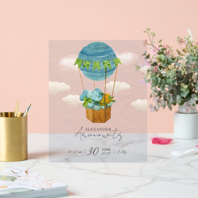 Cute Elephant Hot Air Balloon Baby Birth Announcem Acrylic Sign (Wedding)