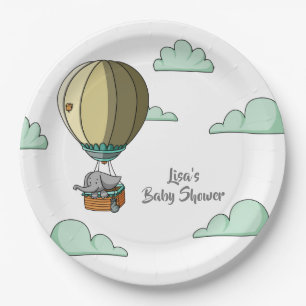 Cute Elephant Hot Air Balloon Baby Shower Paper Plate