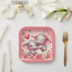  Cute Elephant Hugs,  Hearts & Roses  Paper Plate