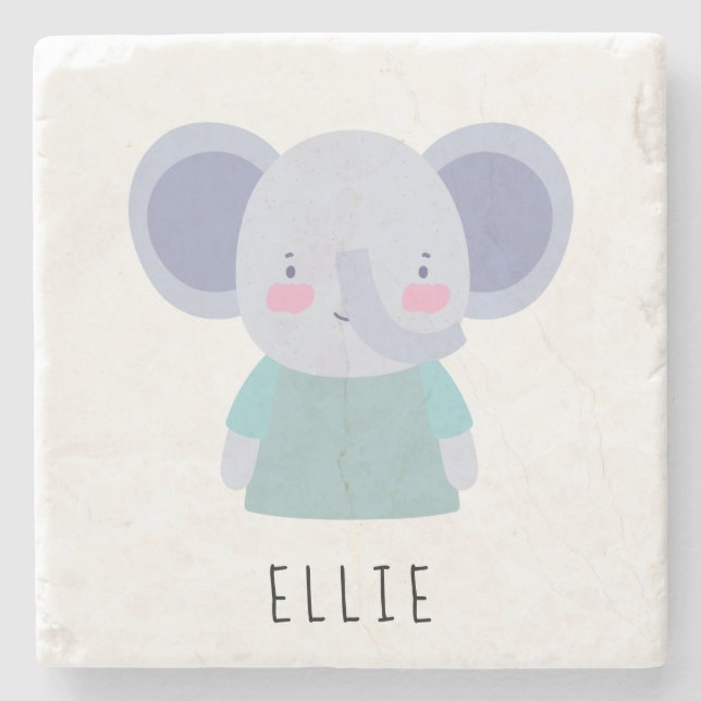 Cute Elephant Illustration - Customisable Stone Coaster (Front)