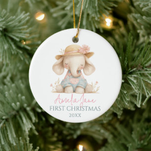 Cute Elephant Illustration Girl First Christmas Ceramic Ornament