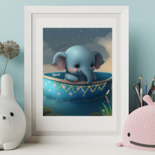 Cute Elephant in a Boat Personalised Art Nursery Poster