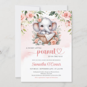 Cute elephant in floral basket boho blush roses  invitation
