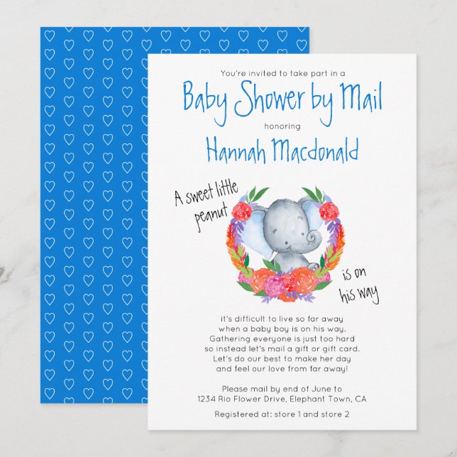 Cute Elephant in Garland Boy Baby Shower by Mail Invitation (Front/Back)