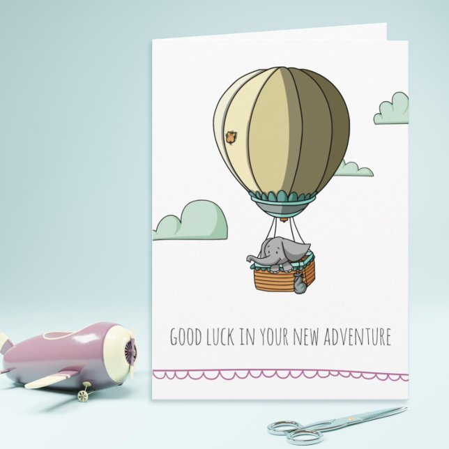 Cute Elephant in Hot Balloon Good Luck Farewell Card (Cute farewell card with an elephant in a hot air balloon by Kinda Cute by Patricia Alvarez)