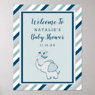 Cute Elephant in Navy & Mint Baby Shower Welcome Poster