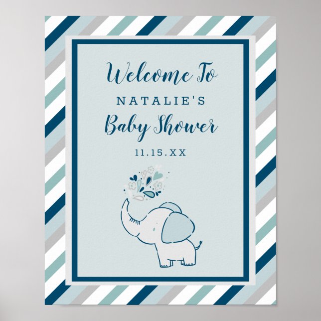 Cute Elephant in Navy & Mint Baby Shower Welcome Poster (Front)