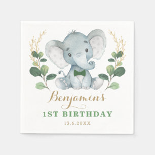 Cute Elephant Jungle Greenery 1st Birthday Napkin