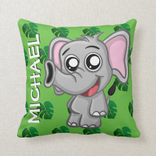 Cute Elephant Jungle Rainforest Green Name Cartoon Cushion