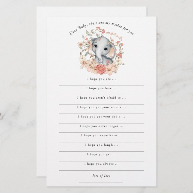 Cute Elephant Jungle Wishes for Baby Girl Shower (Front/Back)