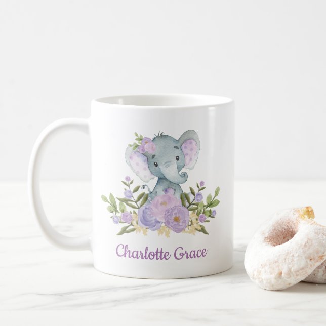 Cute Elephant Lavender Watercolor Floral Peonies Coffee Mug (With Donut)