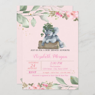 Cute Elephant, Leave, Floral Baby Shower Invitation