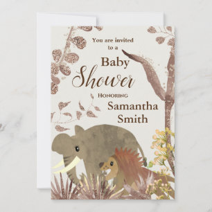 Cute Elephant, Lion & Floral Art Baby Shower   Invitation