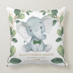 Cute Elephant Little Man Greenery Gold Birth Stats Cushion<br><div class="desc">This elegant design features illustration of an adorable baby elephant and modern watercolor greenery in soft green & gold. Use the template fields to add your details. If you want to change the font style,  colour or text placement,  simply click the "Customize Further" button.</div>