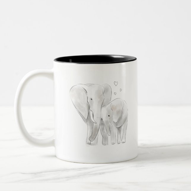 Cute elephant mom and baby sketch watercolour with Two-Tone coffee mug (Left)