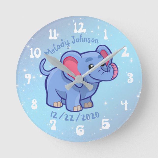 Cute Elephant Monogram Name & B Day Nursery & kids Round Clock (Front)