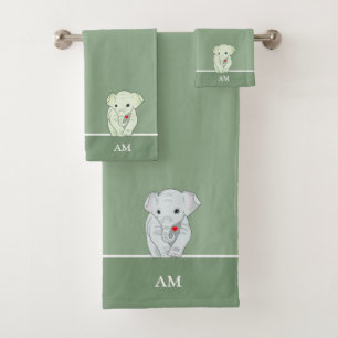 Cute Elephant & Monogram on Green Bath Towel Set