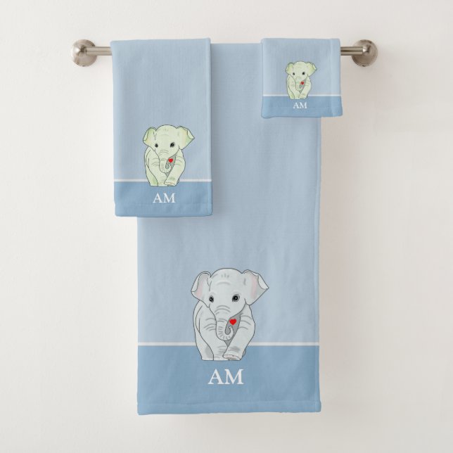 Cute Elephant & Monogram on Light Wondrous Blue Bath Towel Set (Insitu)