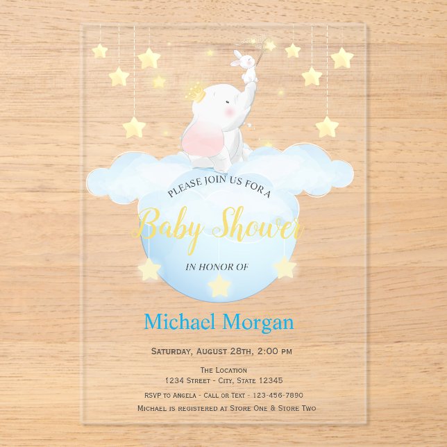 Cute Elephant Moon Stars Acrylic Invitation (Front)