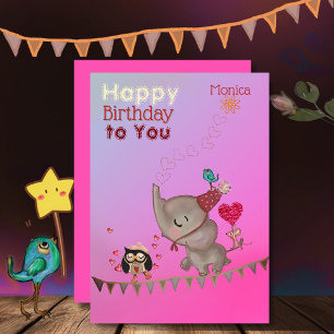 Cute Elephant & Mouse Pink Birthday Card