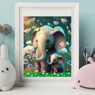 Cute Elephant Mum and Baby Garden of Flowers Art Poster