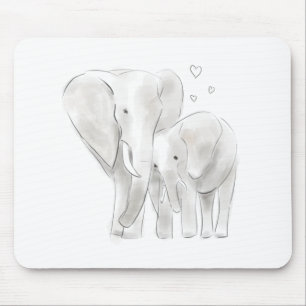 Cute elephant mum and baby sketch watercolour with mouse pad