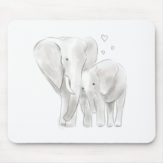 Cute elephant mum and baby sketch watercolour with mouse pad (Front)