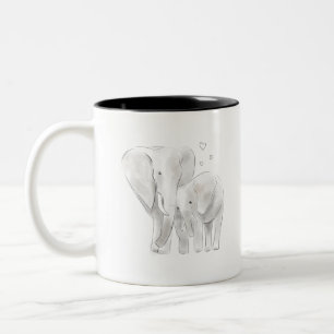 Cute elephant mum and baby sketch watercolour with Two-Tone coffee mug