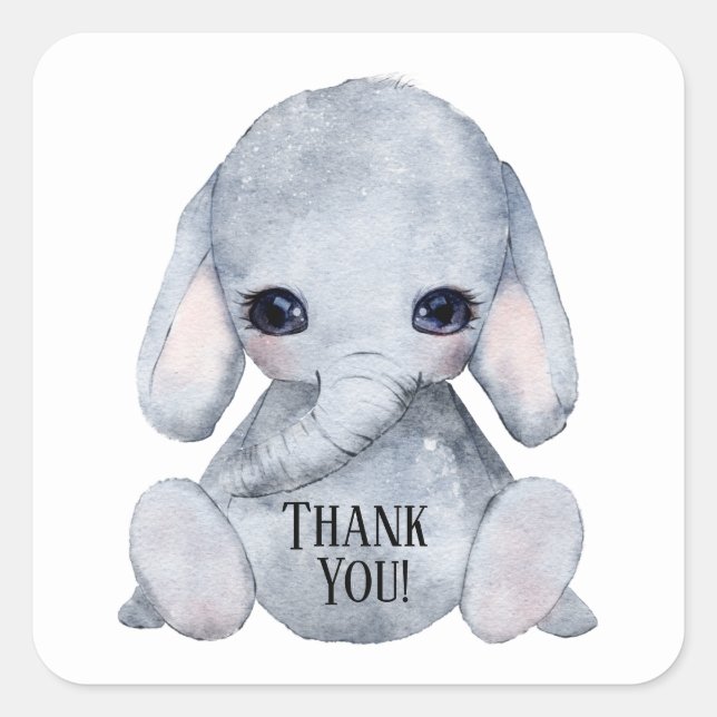Cute Elephant Name Watercolor Thank You Square Sticker (Front)