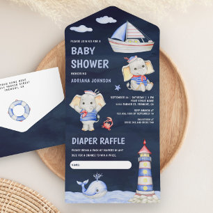 Cute Elephant Nautical Boat Navy Blue Baby Shower All In One Invitation