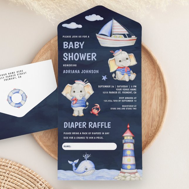 Cute Elephant Nautical Boat Navy Blue Baby Shower All In One Invitation (Creator Uploaded)