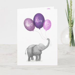 Cute elephant new baby personalised card (purple)