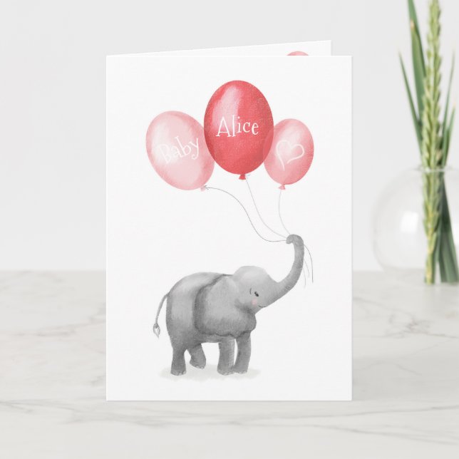 Cute elephant new baby personalized card (pink) (Front)