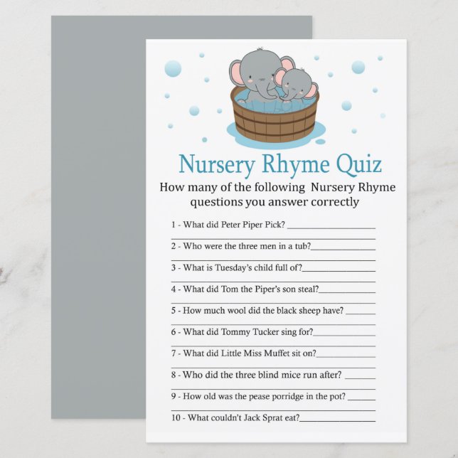 Cute Elephant Nursery Rhyme Quiz baby shower game (Front/Back)