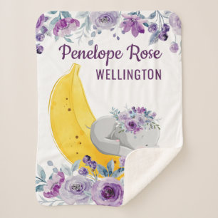 Cute Elephant on a Banana + Purple Flowers + Name Sherpa Blanket