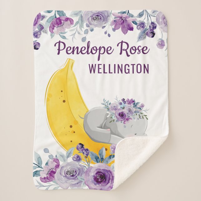 Cute Elephant on a Banana + Purple Flowers + Name Sherpa Blanket (Front)