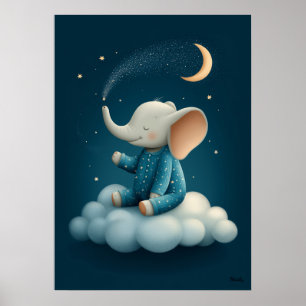 Cute Elephant on Cloud Nursery Bedtime Poster