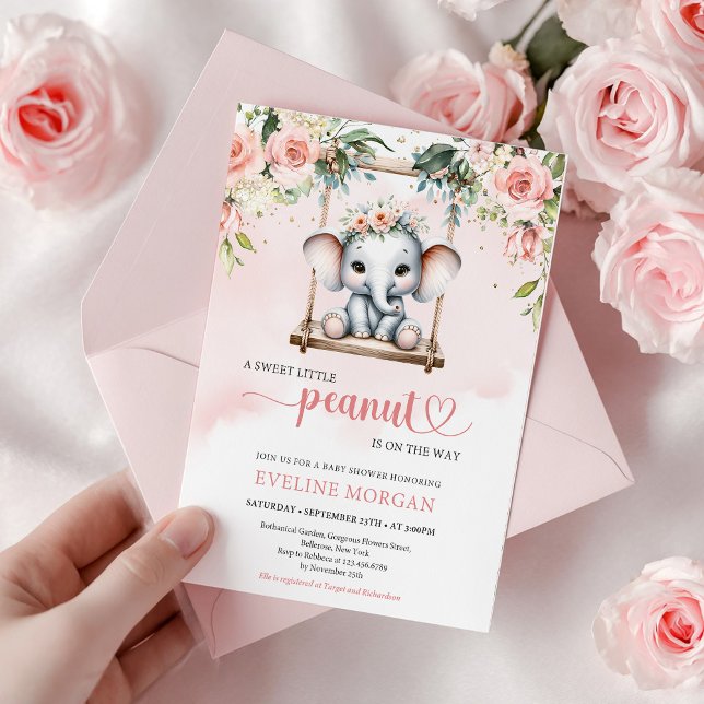Cute elephant on swing blush roses greenery invitation (Celebrate your little one with this Cute Elephant on a Swing Girl Baby Shower Invitation Template, d)
