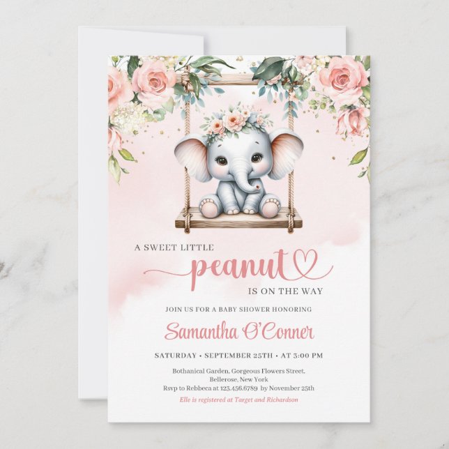 Cute elephant on swing blush roses greenery invitation (Front)