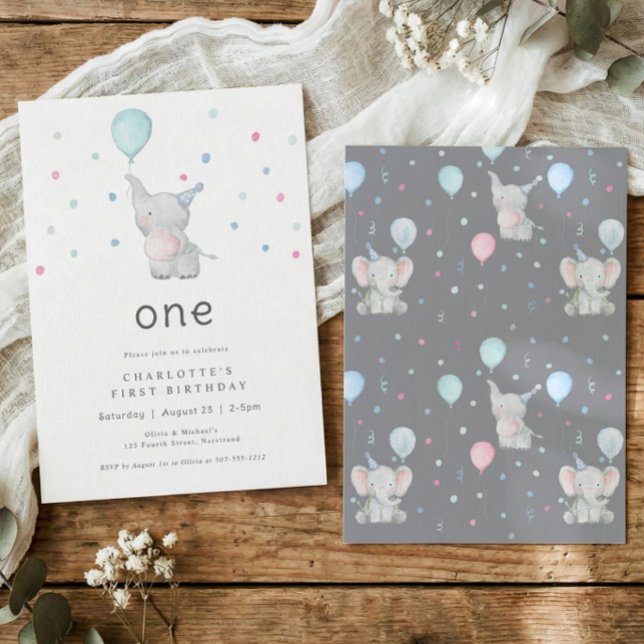 Cute Elephant One 1st Birthday Party Invitation (Watercolor elephant 1st birthday invitation with balloon and pastel confetti on white background)