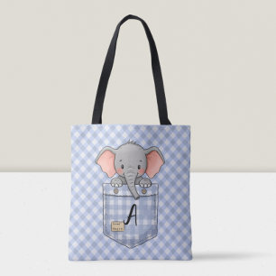 Cute Elephant Peeking from Gingham Pocket  Tote Bag