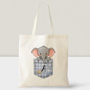 Cute Elephant Peeking from Pocket with initial Tote Bag