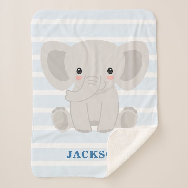Cute Elephant Personalised Baby Boy Sherpa Blanket (Front)