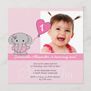 Cute Elephant Photo First 1st Birthday Party Invitation