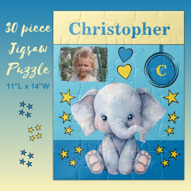 Cute elephant photo name blue yellow kids jigsaw puzzle (Creator Uploaded)