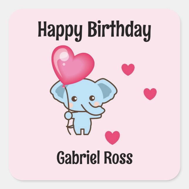 Cute elephant pink birthday square sticker (Front)