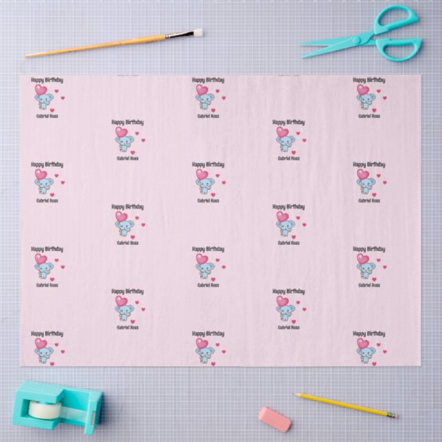 Cute elephant pink birthday tissue paper (Craft)
