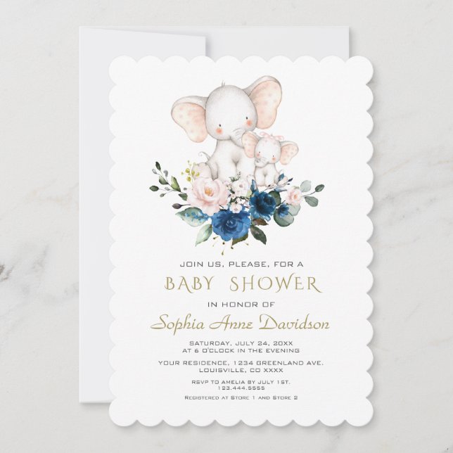 Cute Elephant Pink Blue Flowers Baby Shower Invitation (Front)