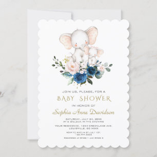 Cute Elephant Pink Blue Flowers Baby Shower Invitation